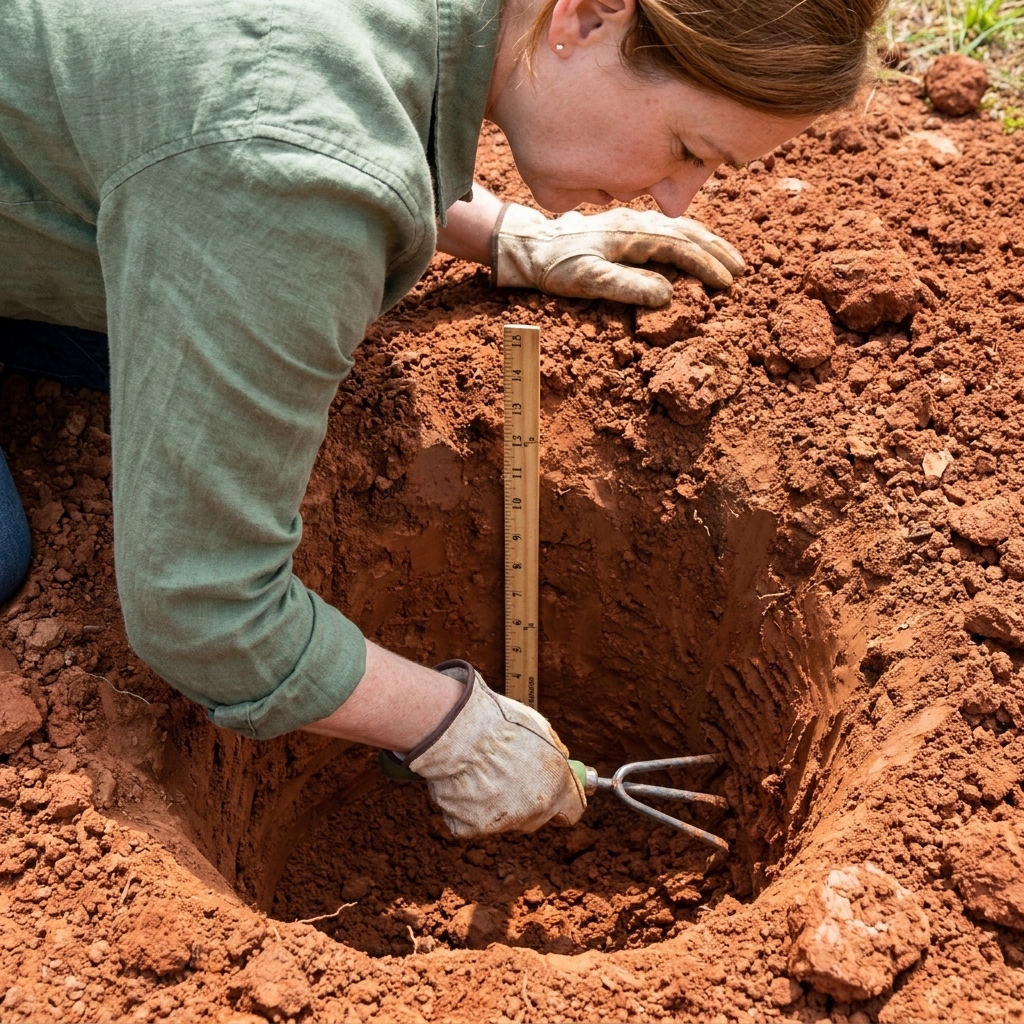 A 12-inch deep hole in heavy clay soil with a ruler showing depth while a hand tool scratches the sides to rough them up