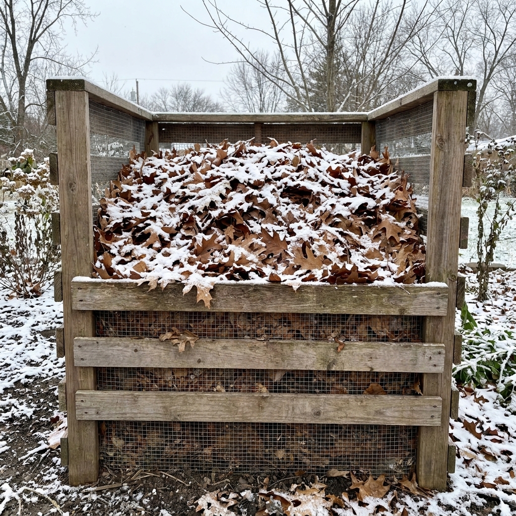A backyard compost bin in winter with a thick layer of brown leaves on top and a light dusting of snow