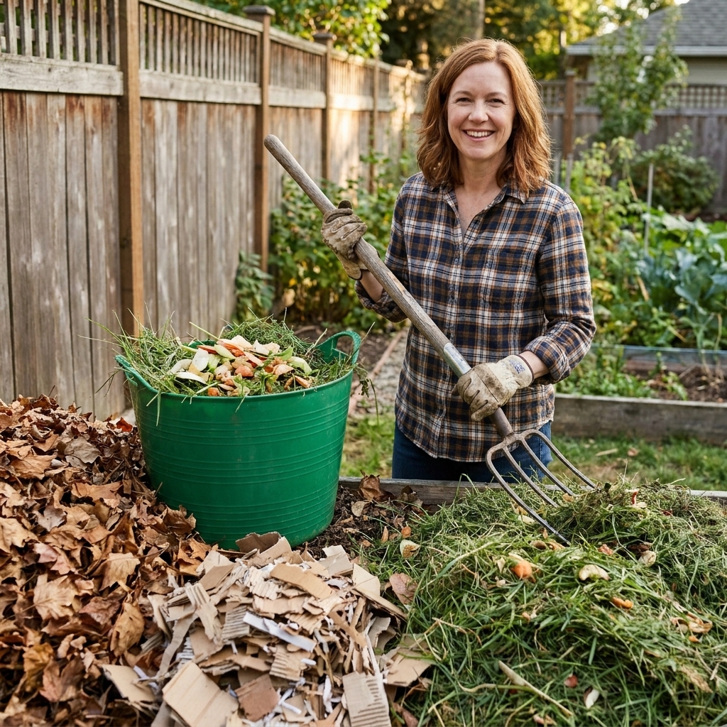 A backyard compost setup with separate piles of dry leaves and shredded cardboard next to a bucket of fresh grass clippings and kitchen scraps