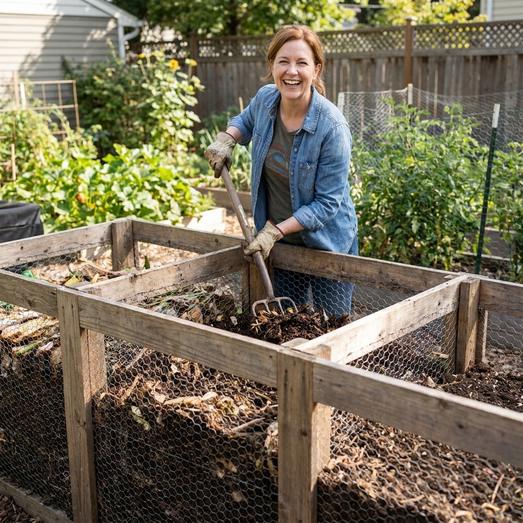 A backyard compost station with three side-by-side wooden bins made from boards and wire mesh, photographed from a slight angle