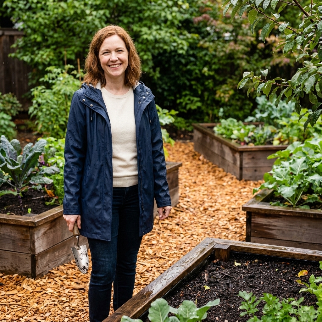 A backyard garden path covered in fresh wood chips winding between raised beds after rain