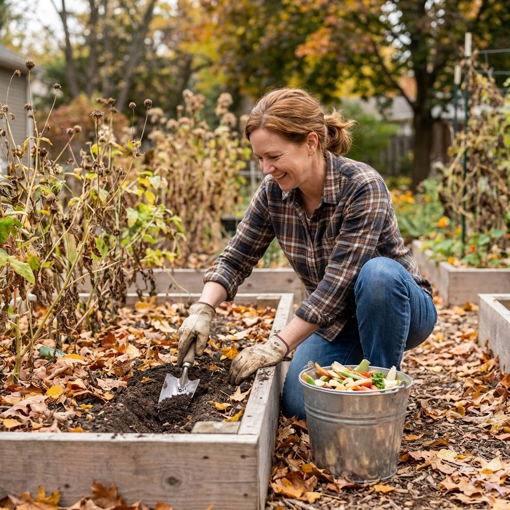 A backyard vegetable bed in autumn with fallen leaves around it, a gardener covering a freshly dug trench with soil while a small pail of vegetable scraps sits nearby