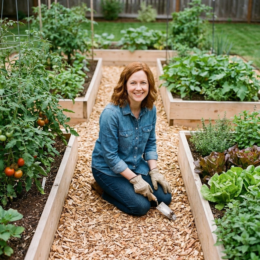 A backyard vegetable garden with a thick wood chip path between raised beds, showing clean edges and a well-maintained walkway