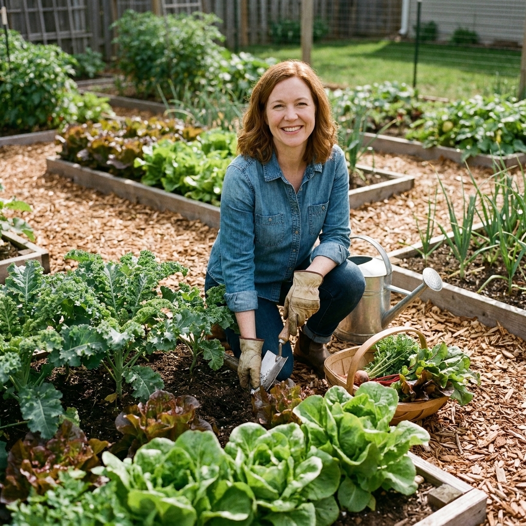 A backyard vegetable garden with thick mulch on the paths and leafy green plants growing in neat beds, showing a low-compaction layout
