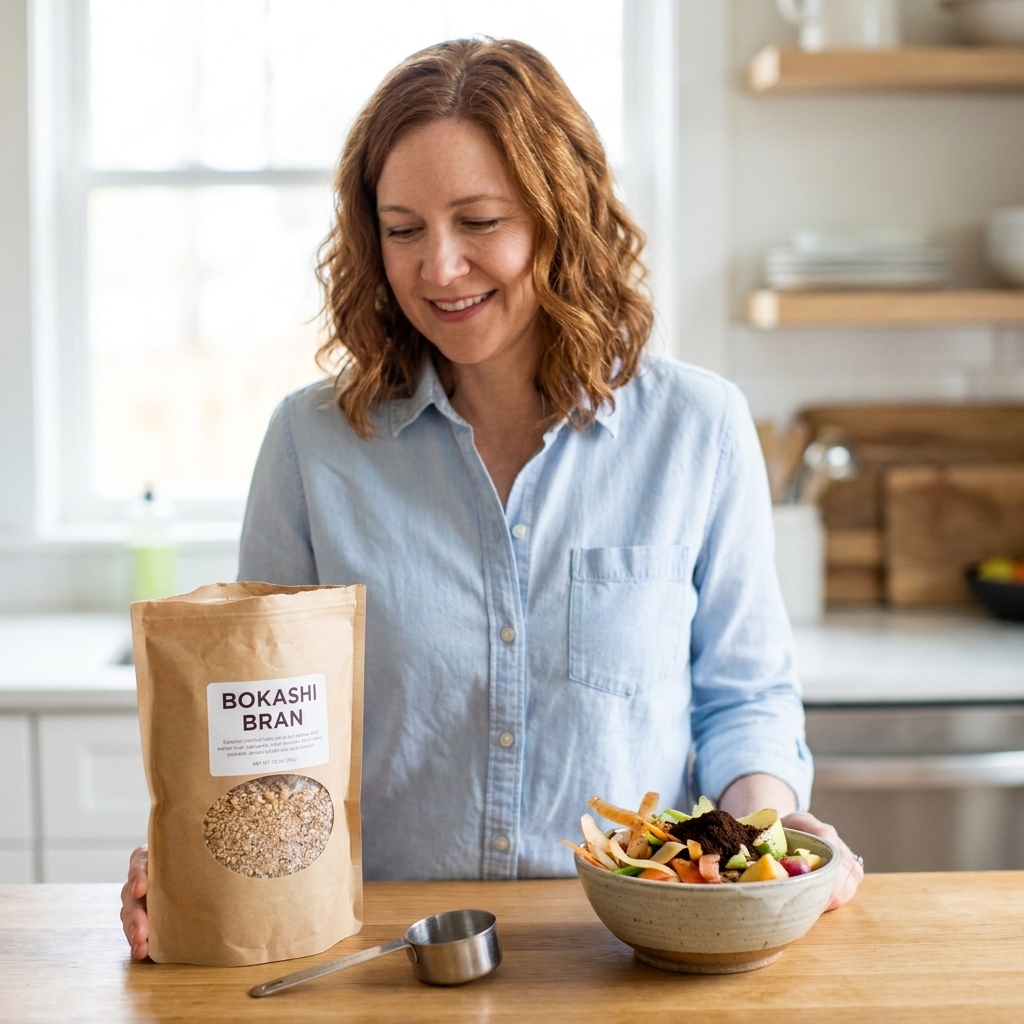 A bag of bokashi bran open on a kitchen counter with a measuring scoop resting beside it and a small bowl of food scraps nearby