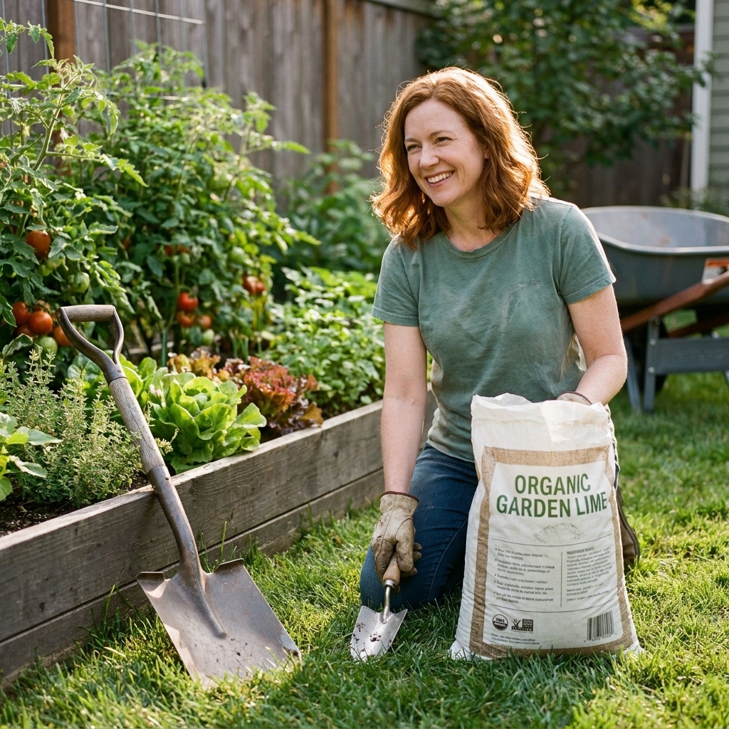 A bag of garden lime sitting next to a shovel on a backyard lawn near a vegetable garden