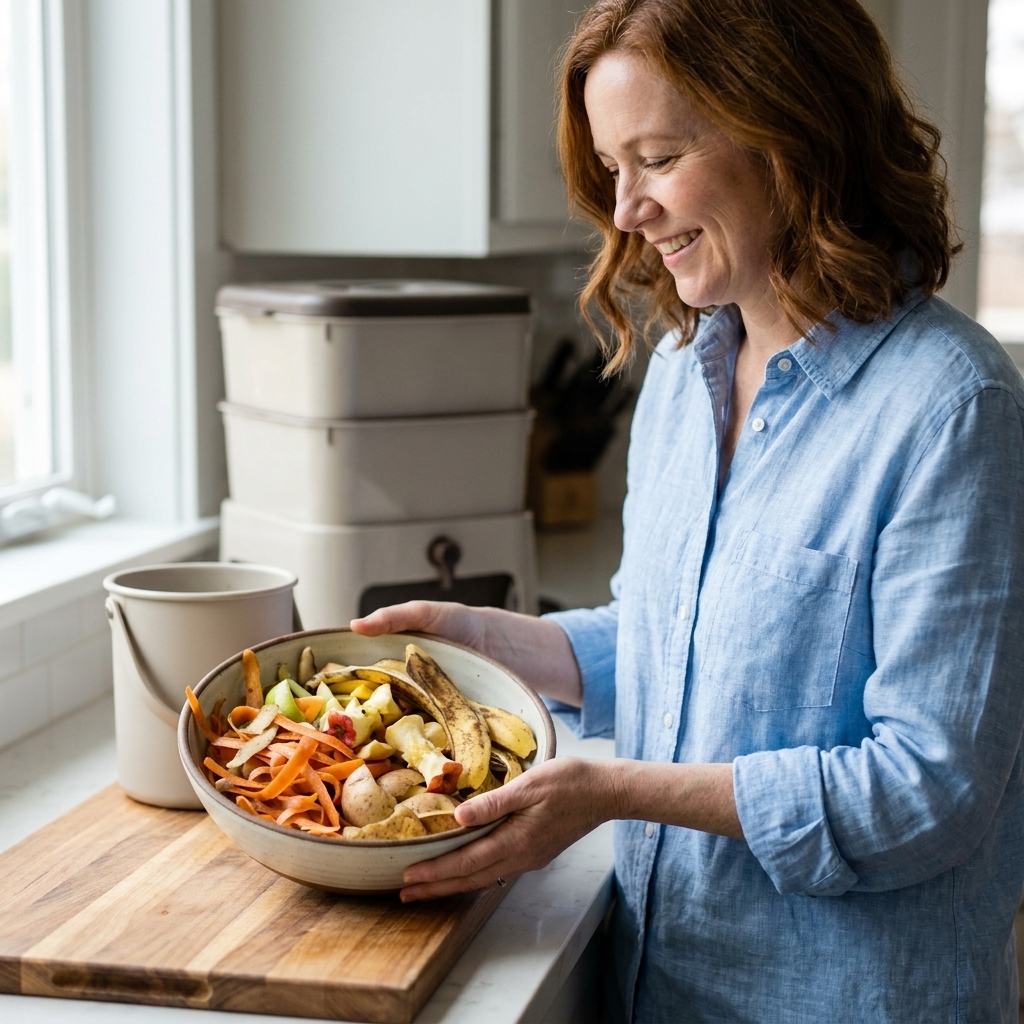 A bowl on a kitchen counter holding chopped vegetable peels and fruit scraps ready to be added to a worm compost bin