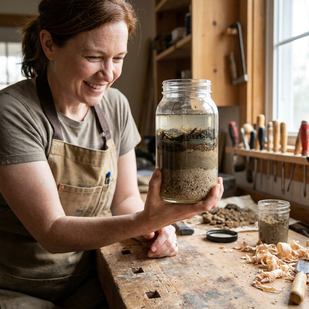 A clear jar on a workbench showing settled soil layers with coarse sand at the bottom and finer layers above