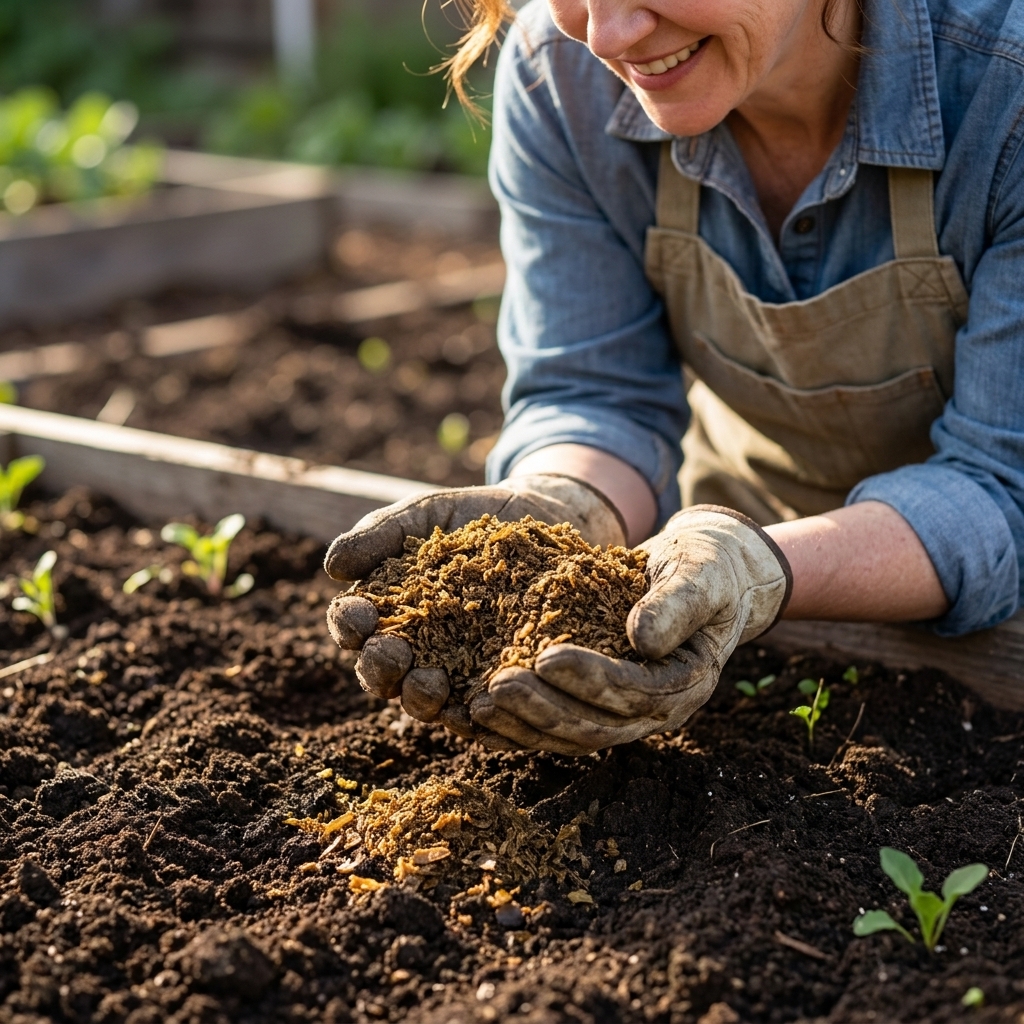 A close-up of a gardener holding a handful of coarse kelp meal over dark, crumbly garden soil in a vegetable bed