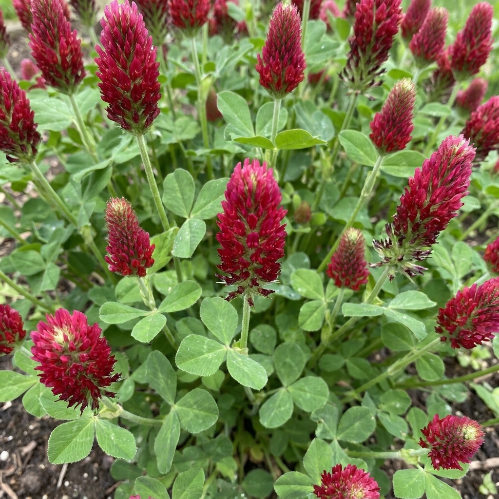 A close-up photo of crimson clover flowers in a home garden bed with green leaves filling the frame