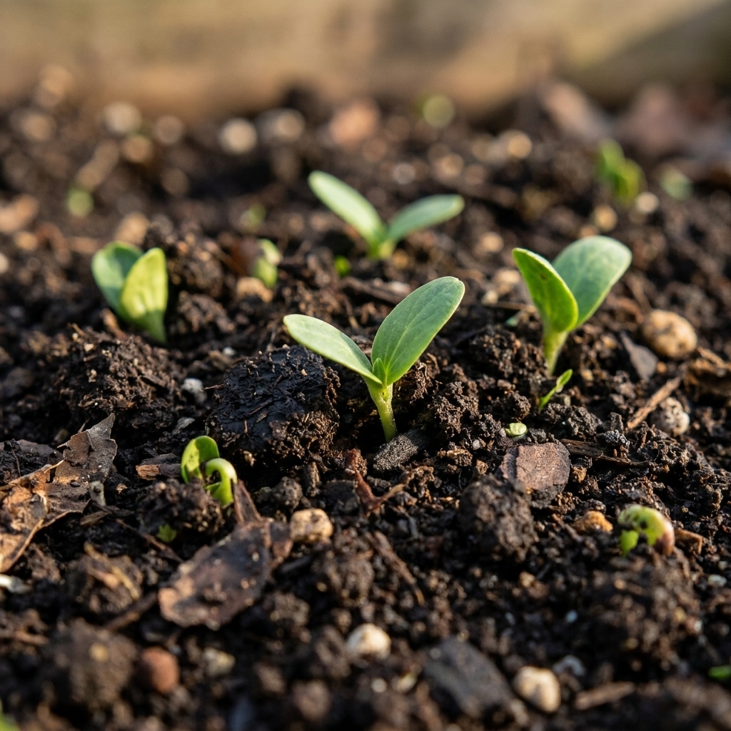 A close-up photo of dark, crumbly garden soil with small seedlings emerging and bits of finished compost visible on the surface