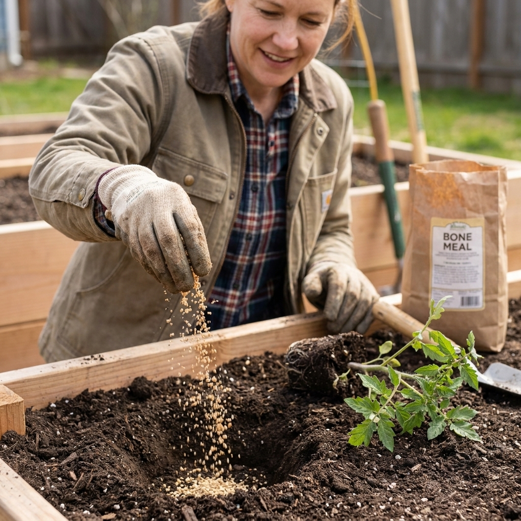 A close view of a gardener sprinkling tan bone meal granules into a planting hole in a raised bed before setting in a young vegetable transplant