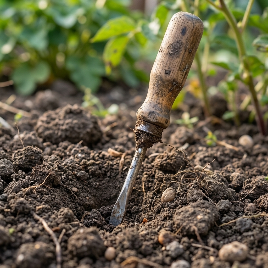 A close view of a screwdriver inserted into garden soil with the handle showing the stopping point where the soil becomes dense