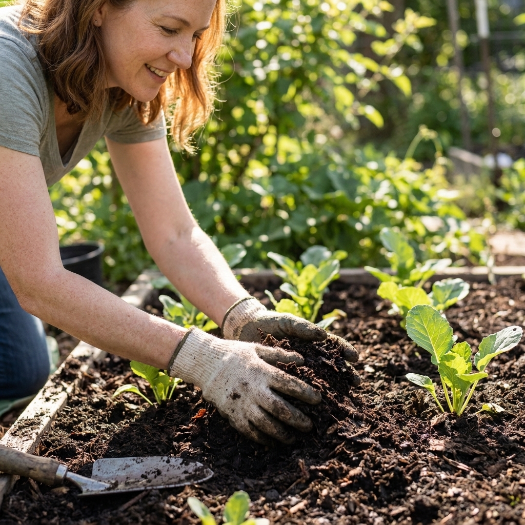 A close view of dark, crumbly leaf mold being spread as mulch around young leafy seedlings in a garden bed