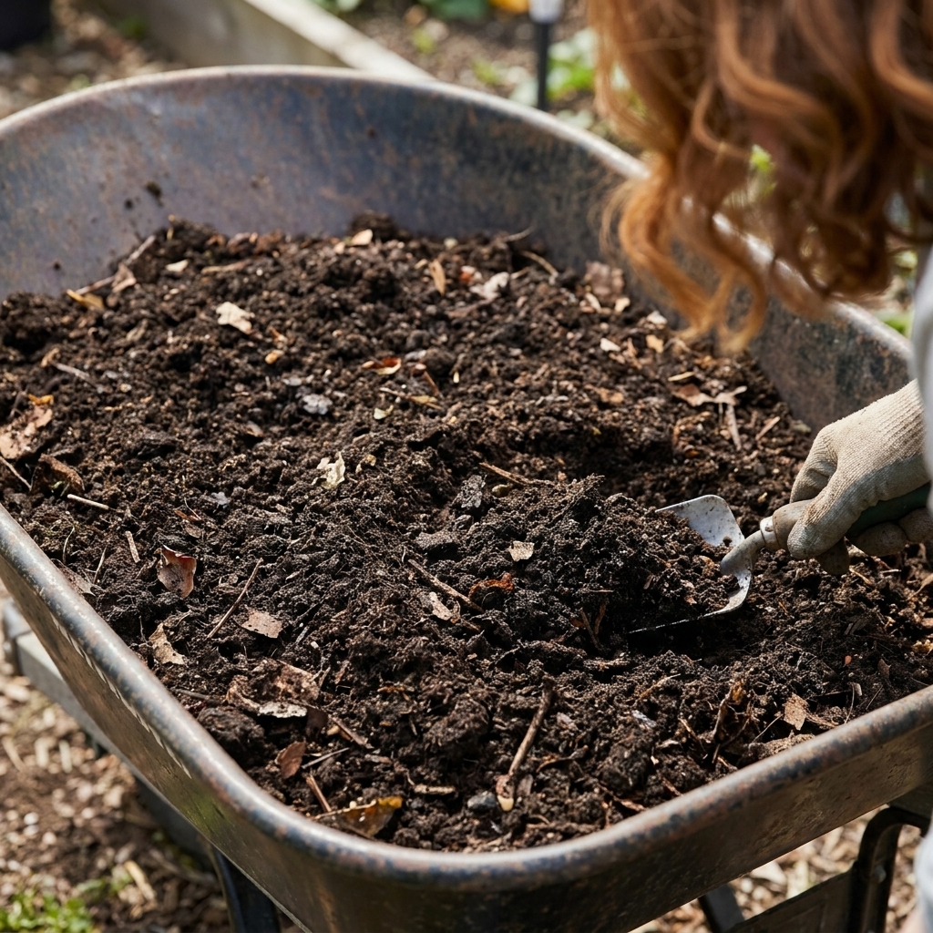 A close view of dark, finished compost with a crumbly texture in a wheelbarrow, showing small bits of leaf and wood fully broken down