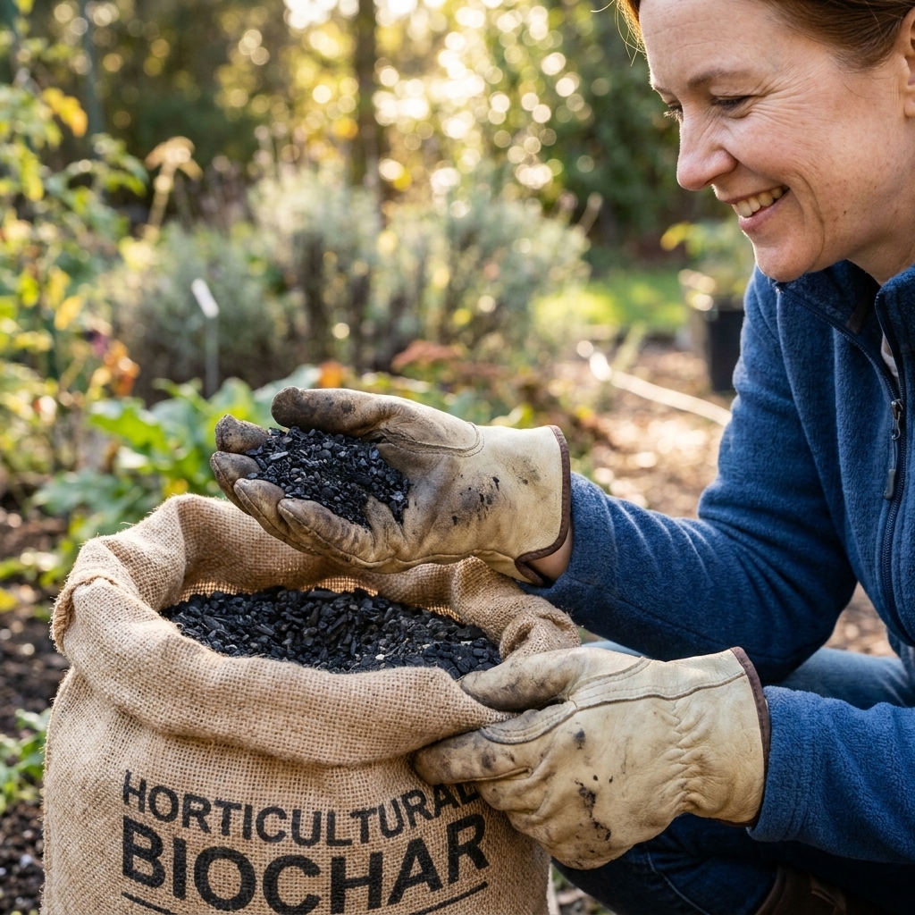 A close view of granulated horticultural biochar in a gardener's gloved hand beside an open bag outdoors