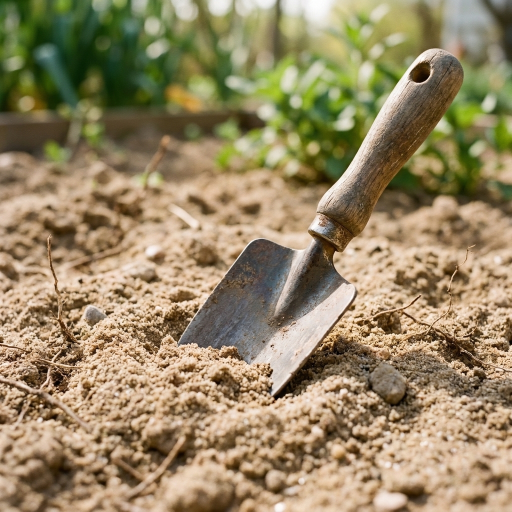 A close view of sandy garden soil in a backyard bed with a small hand trowel resting on the surface
