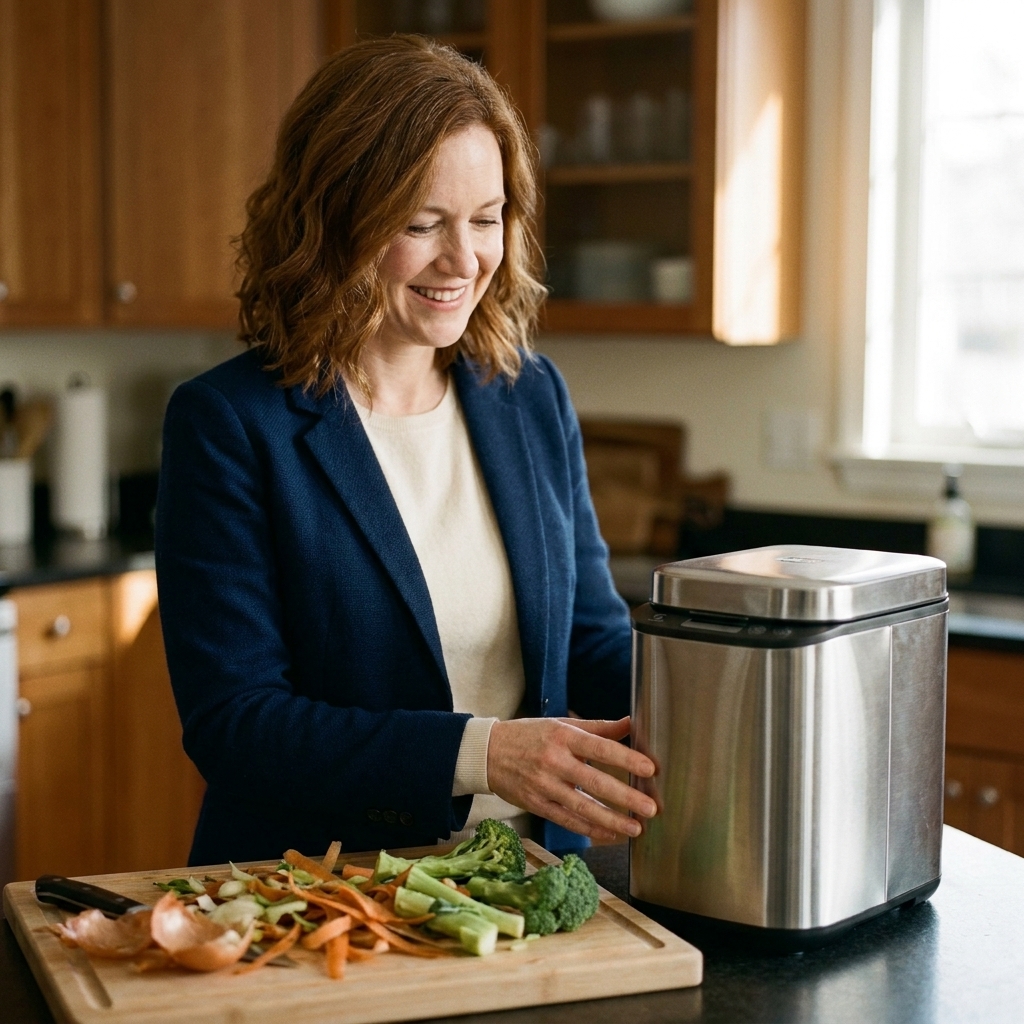 A compact electric countertop food waste processor on a kitchen counter with the lid closed near a cutting board with vegetable scraps