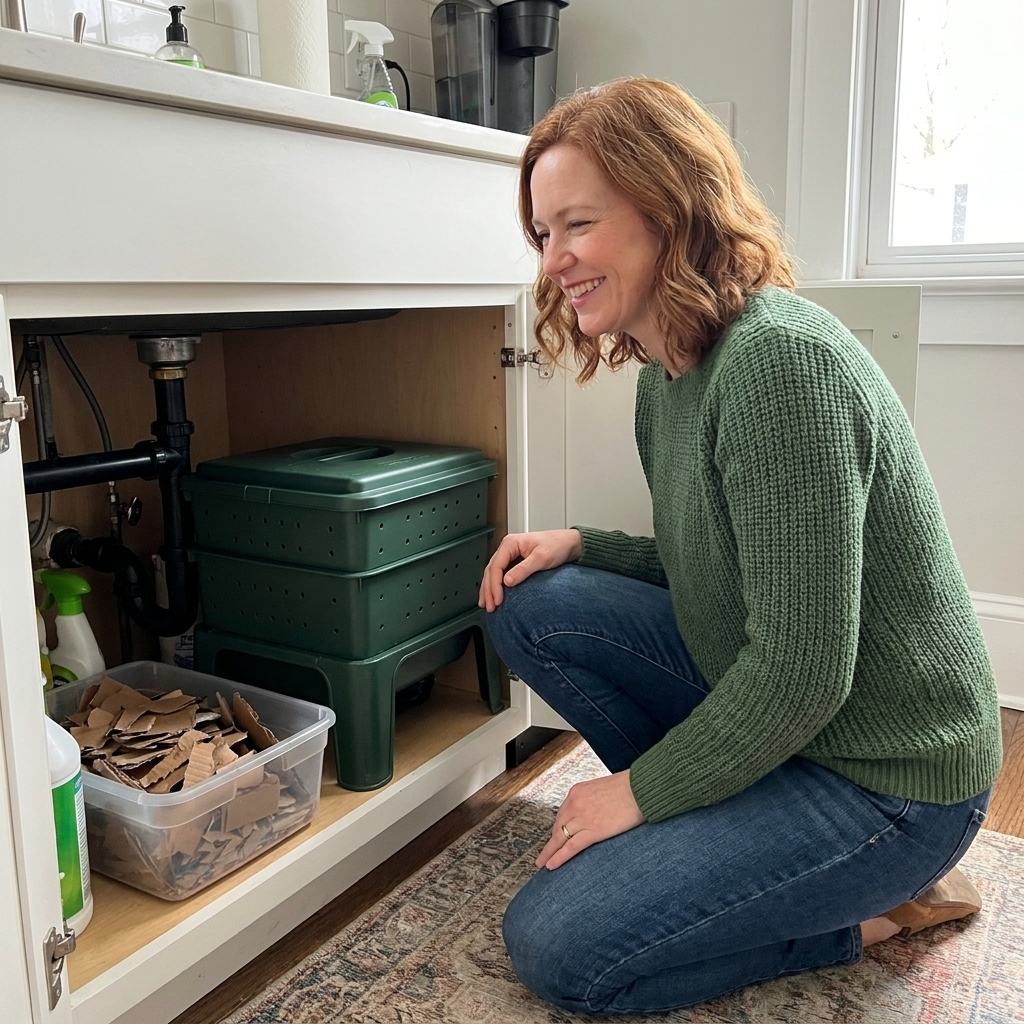 A compact stacked worm compost bin tucked under a kitchen sink cabinet with a small container of shredded cardboard bedding nearby