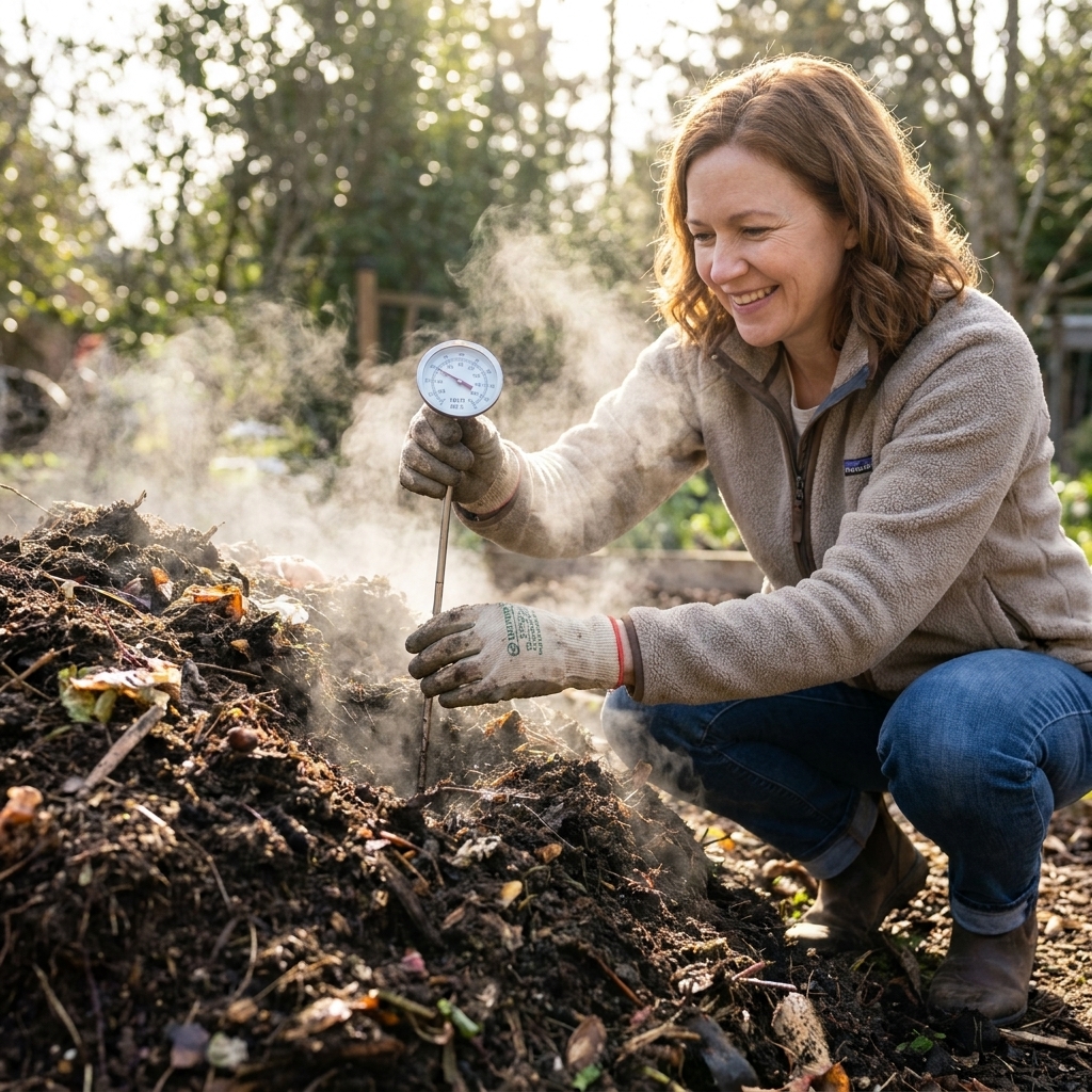 A compost thermometer inserted into the center of a steaming compost pile showing a high temperature reading during active hot composting