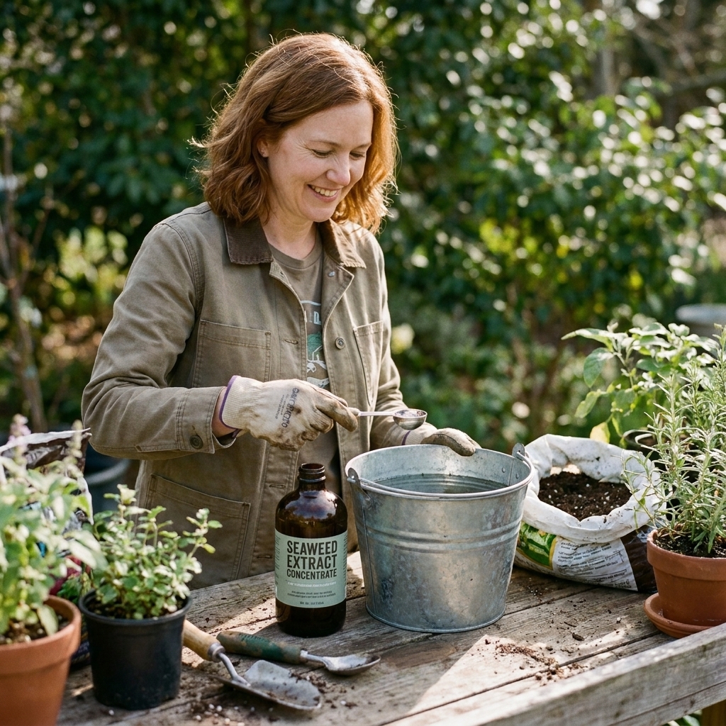 A dark brown bottle of seaweed extract concentrate on a potting bench with a measuring spoon and a bucket