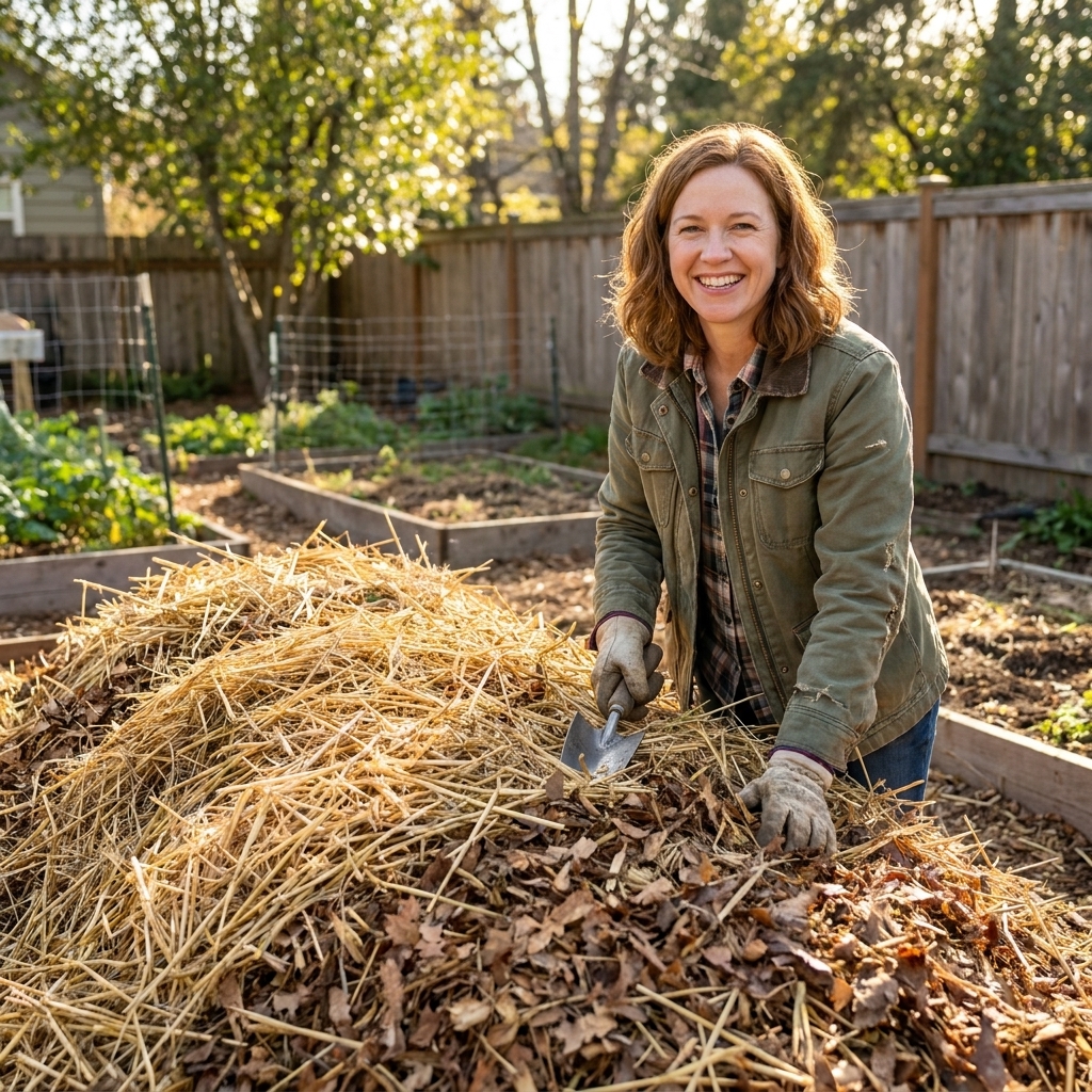 A freshly built hügelkultur mound covered with a thick mulch layer of straw and shredded leaves, ready for planting in a backyard garden