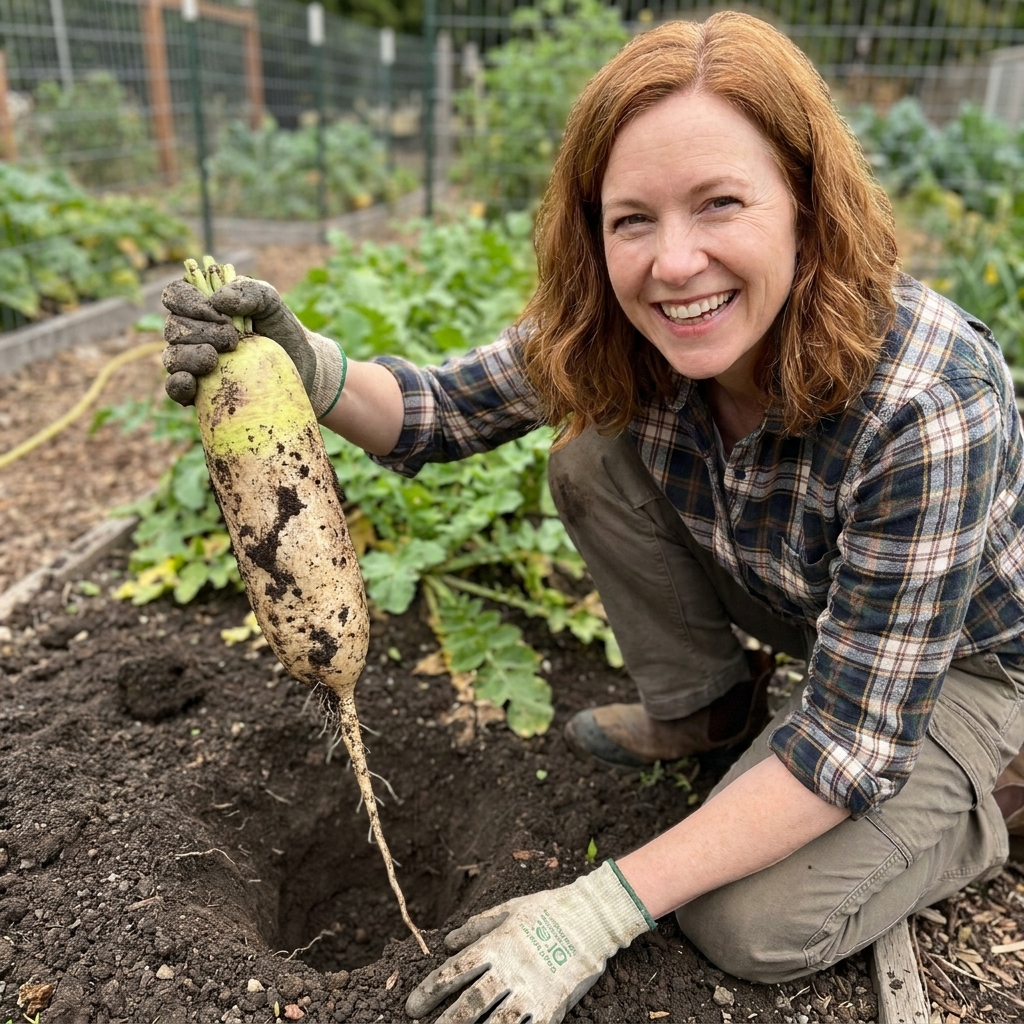 A freshly pulled daikon radish with a long taproot lifted from a clay garden bed, leaving a deep hole in the soil