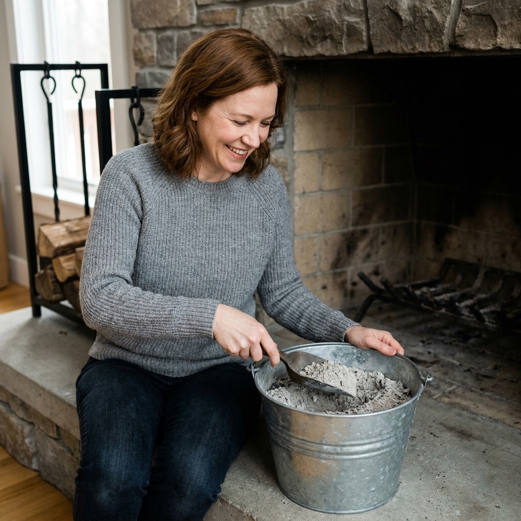 A galvanized metal bucket filled with cool gray fireplace ash sitting on a concrete hearth, with a fireplace and wood log rack in the background
