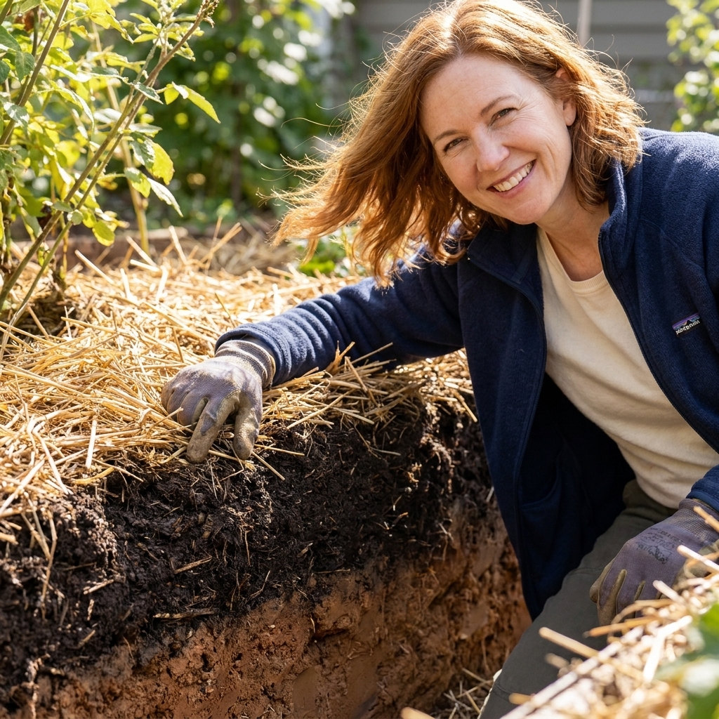 A garden bed edge showing a dark, rich topsoil layer beneath straw mulch, with a clear color change from the subsoil