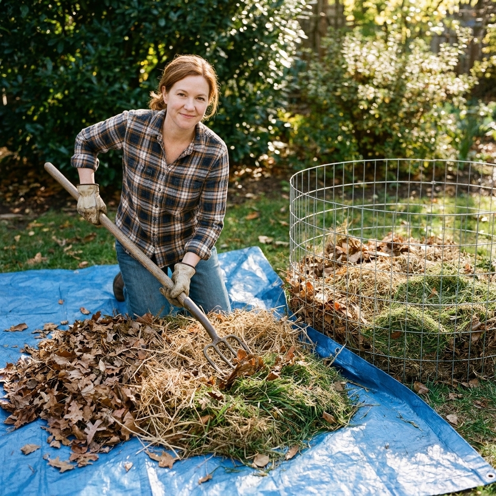 A gardener building a compost pile by mixing dry leaves, straw, and fresh grass clippings on a tarp beside a simple wire compost ring