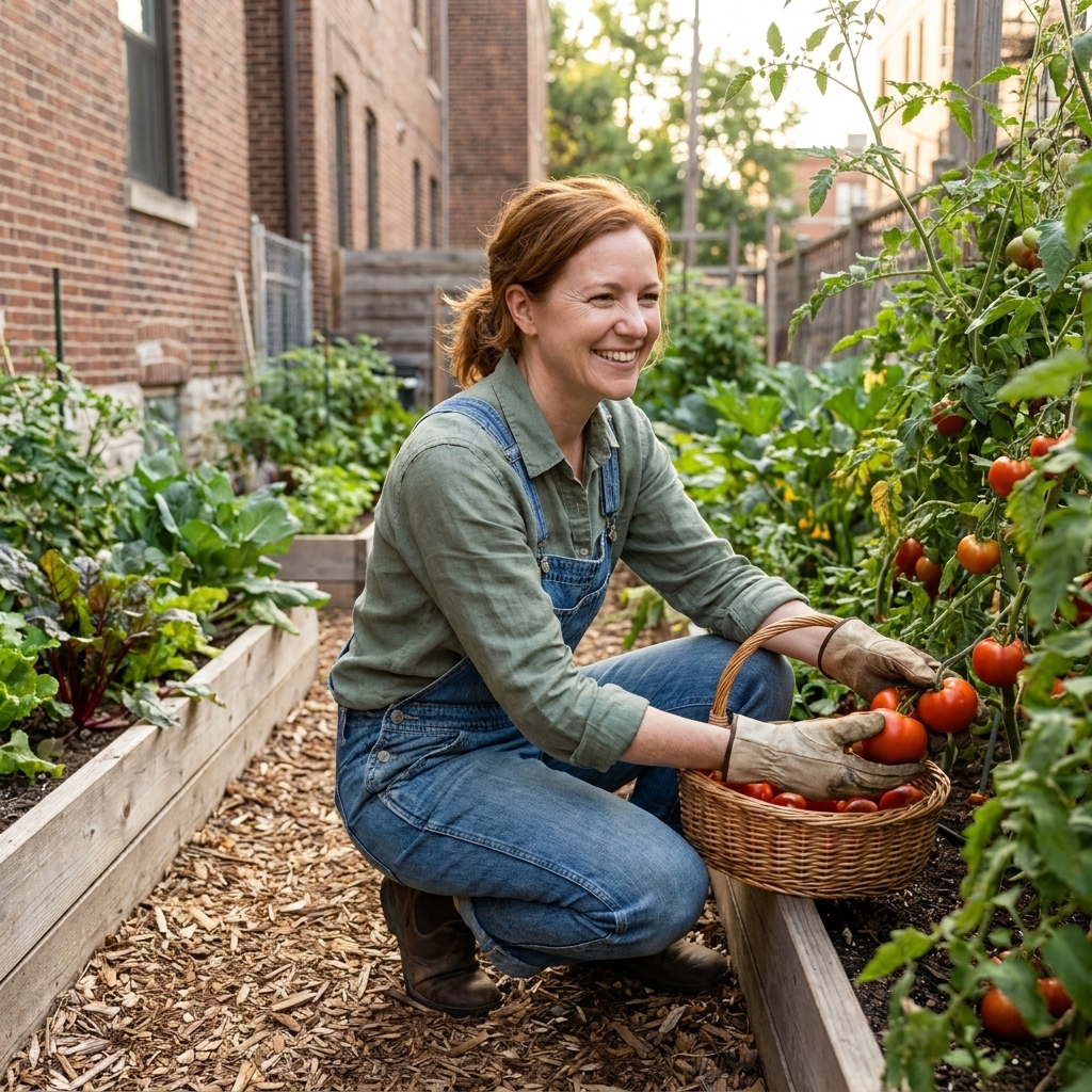 A gardener harvesting ripe tomatoes from a raised bed garden in a city backyard with mulched walkways and leafy plants