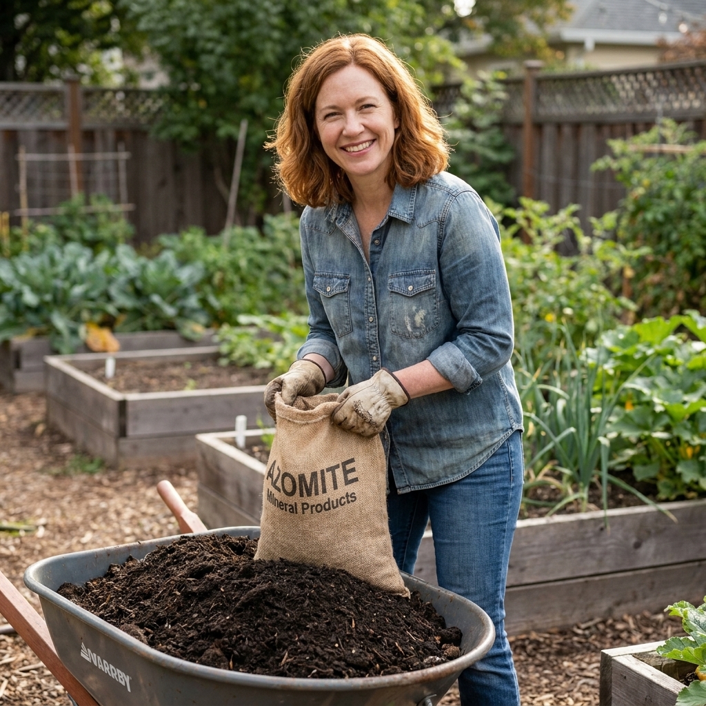 A gardener holding a bag of Azomite next to a wheelbarrow filled with compost in a backyard garden