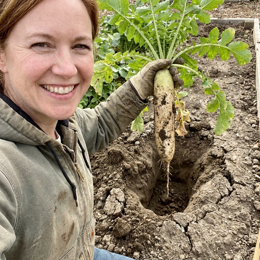 A gardener holding a freshly pulled daikon radish with soil clinging to the long root, showing how it can open channels in compacted ground