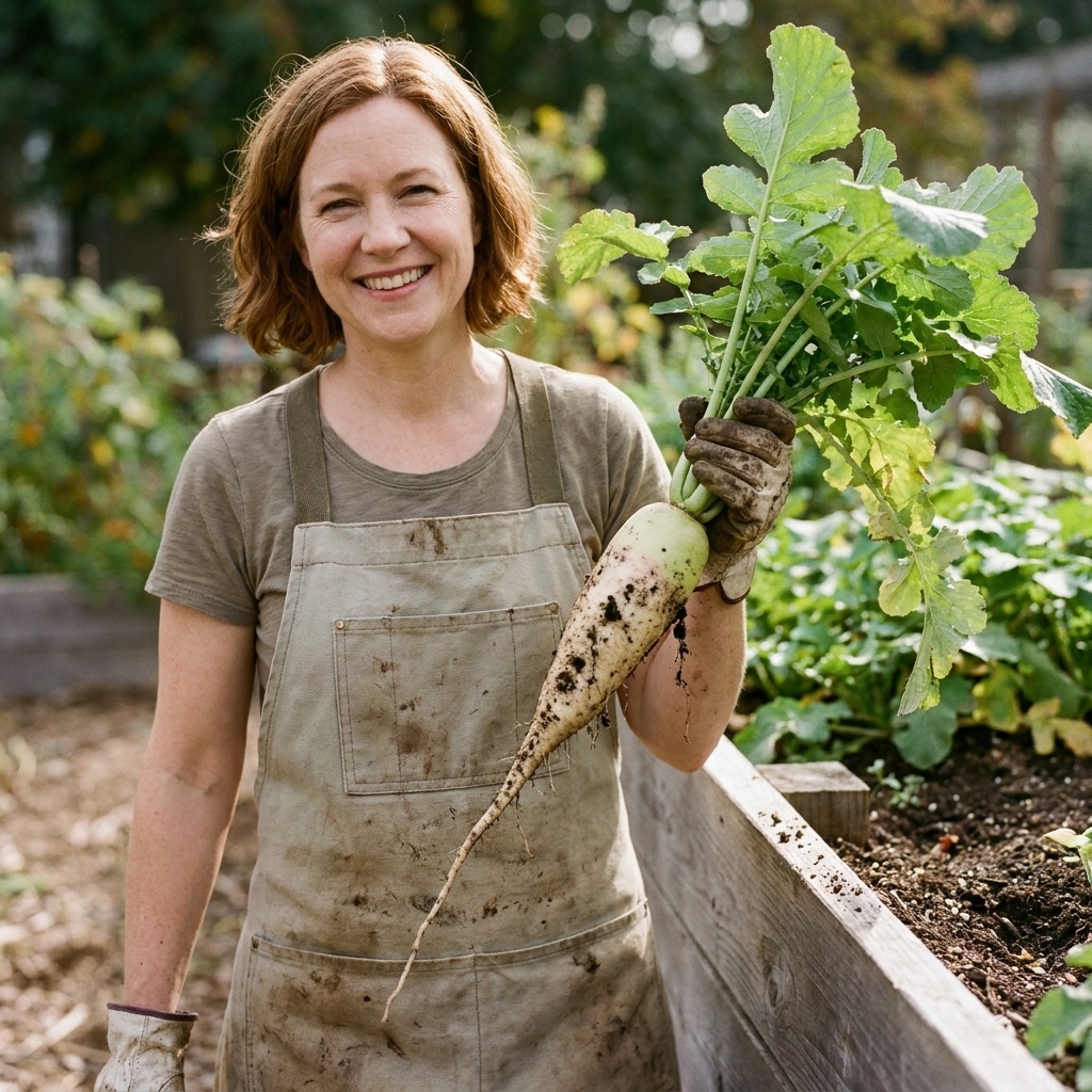 A gardener holding a freshly pulled tillage radish with a long white taproot and leafy green top beside a raised bed