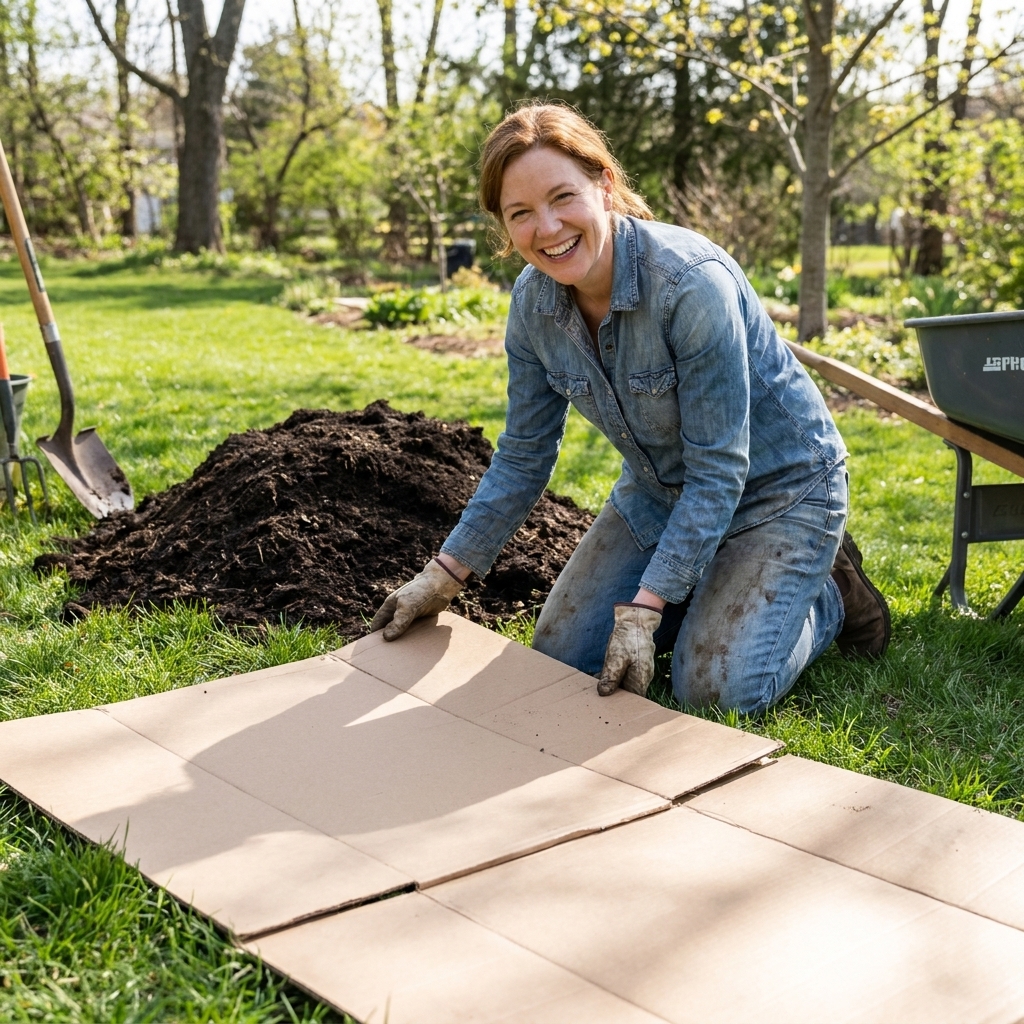 A gardener laying overlapping sheets of plain cardboard on a lawn to start a new no-till garden bed, with compost piled nearby