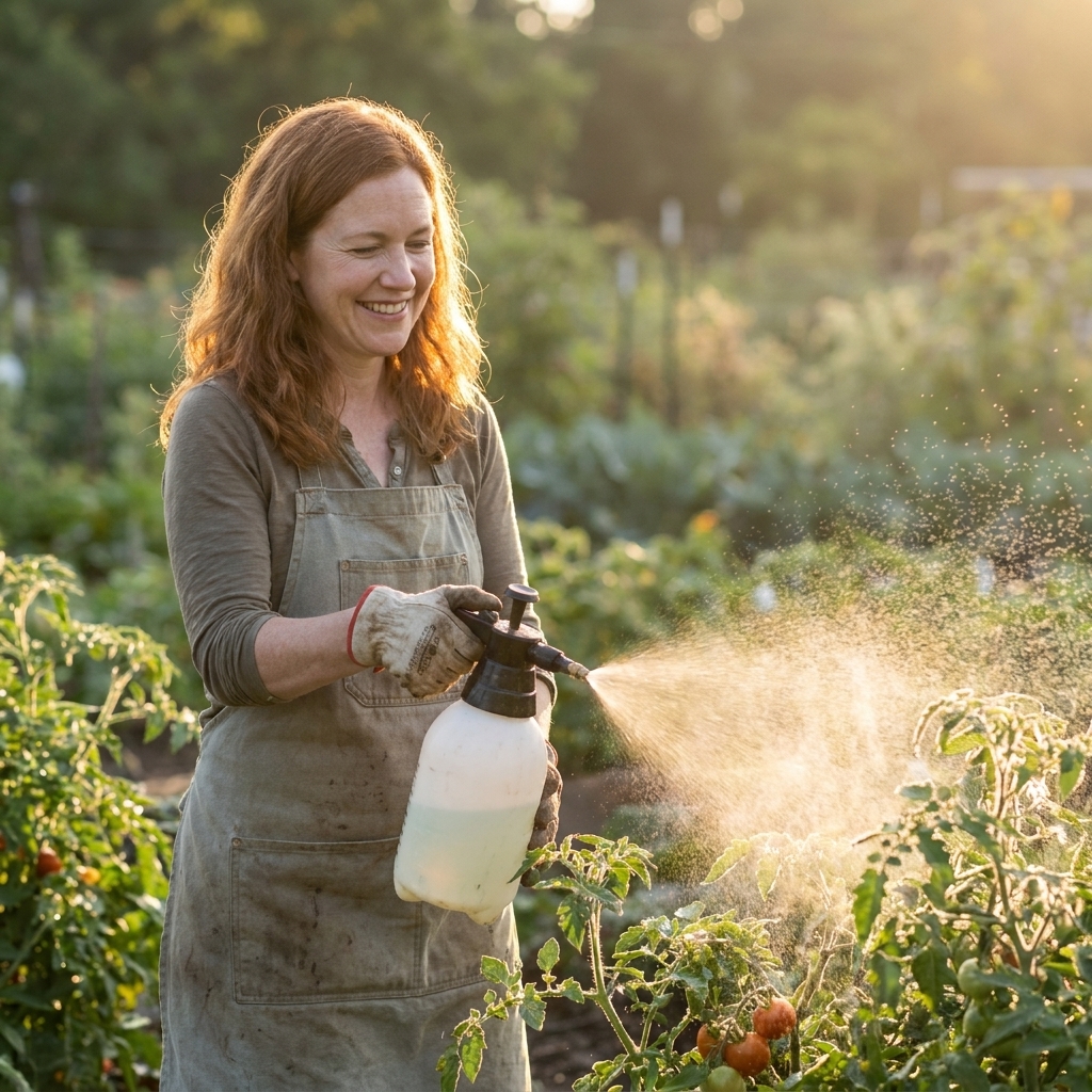 A gardener misting tomato leaves with a handheld sprayer in the early morning light, using diluted seaweed extract