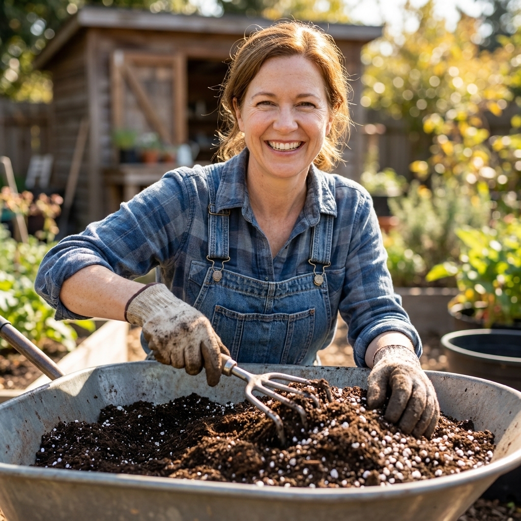 A gardener mixing old potting soil with compost and perlite in a wheelbarrow using a small garden rake
