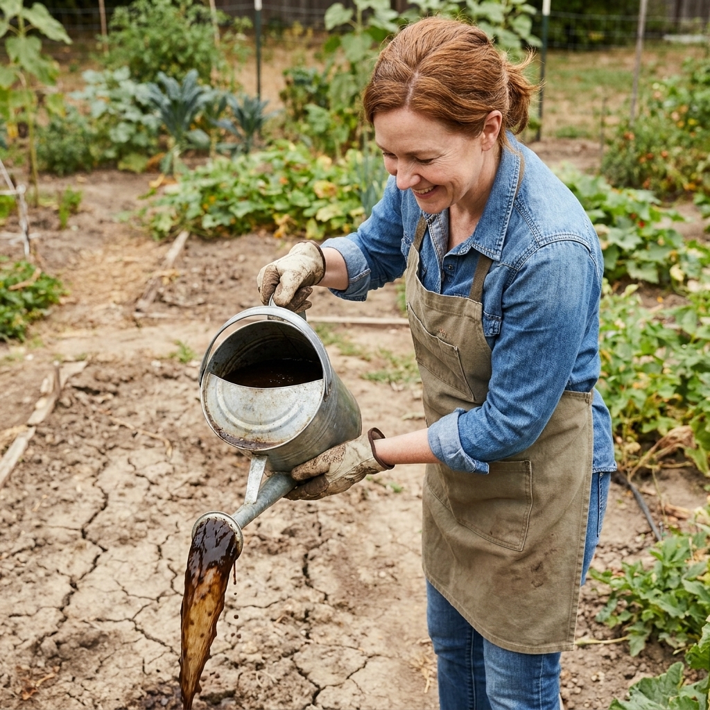 A gardener pouring a dark compost-rich liquid from a watering can onto a dry garden bed
