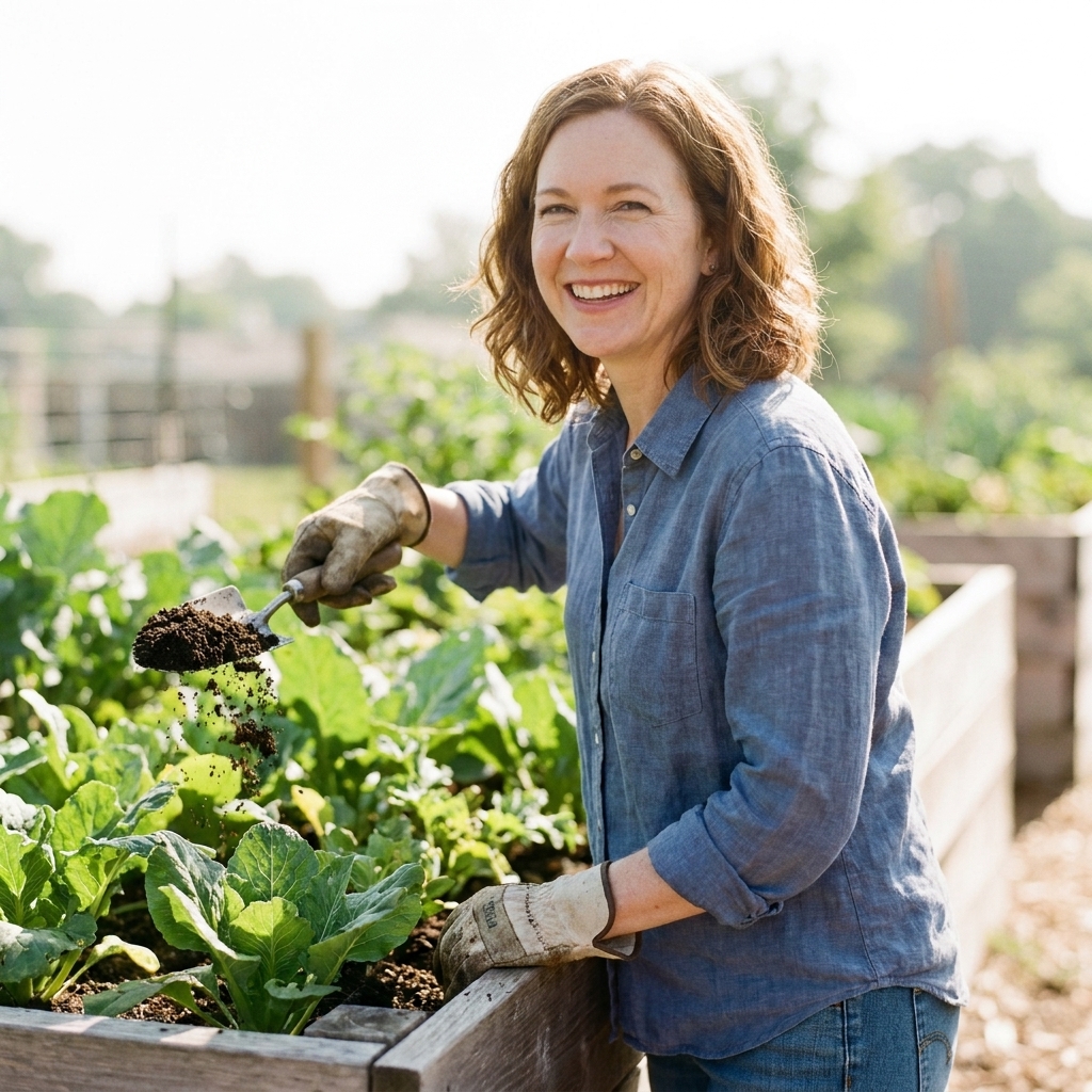 A gardener scattering finished compost over a raised garden bed with leafy plants, using a small shovel on a bright morning