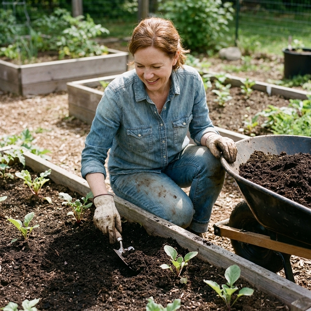 A gardener spreading finished compost as a thin top dressing around young vegetable plants in a raised bed