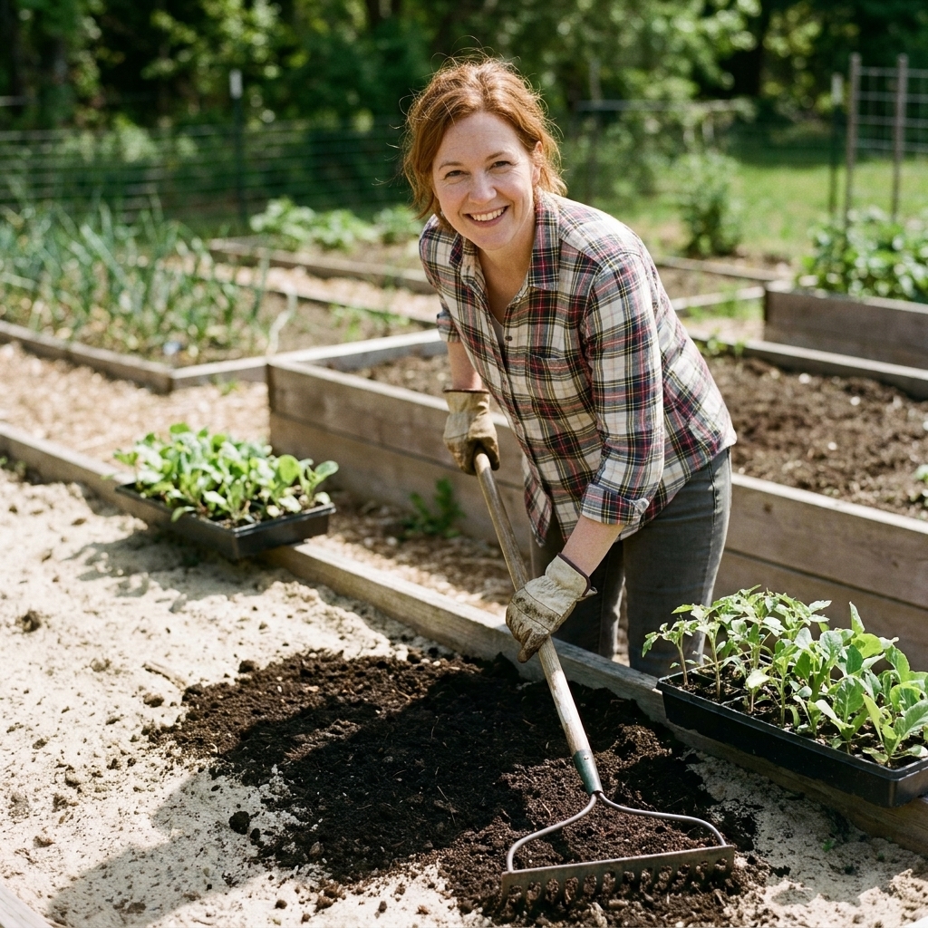 A gardener spreading finished compost over a pale sandy garden bed with a rake, with vegetable seedlings nearby
