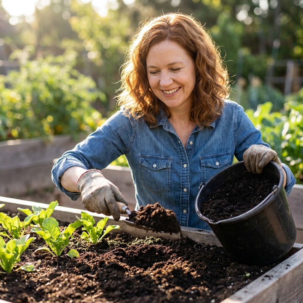 A gardener spreading finished dark compost over a raised garden bed with leafy seedlings nearby on a bright morning