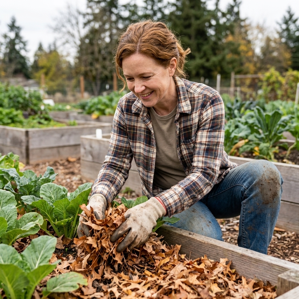 A gardener spreading shredded autumn leaves as mulch between rows of vegetables in a raised garden bed
