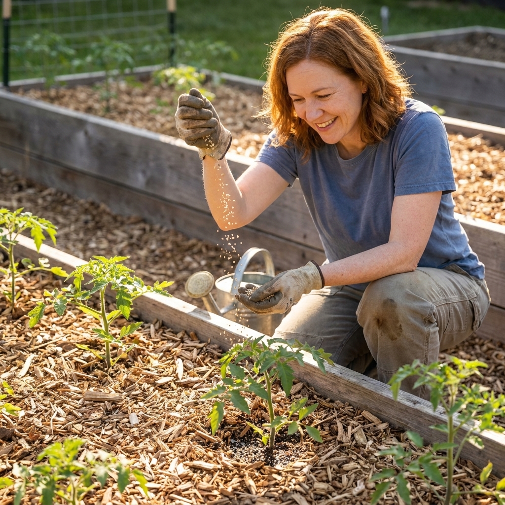 A gardener sprinkling a small amount of granular organic amendment around tomato plants in a mulched raised bed on a sunny morning