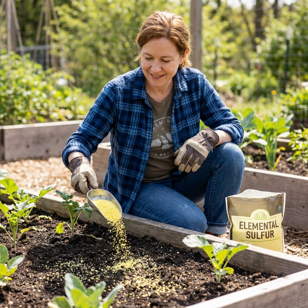 A gardener sprinkling elemental sulfur granules evenly over a garden bed with a small handheld scoop