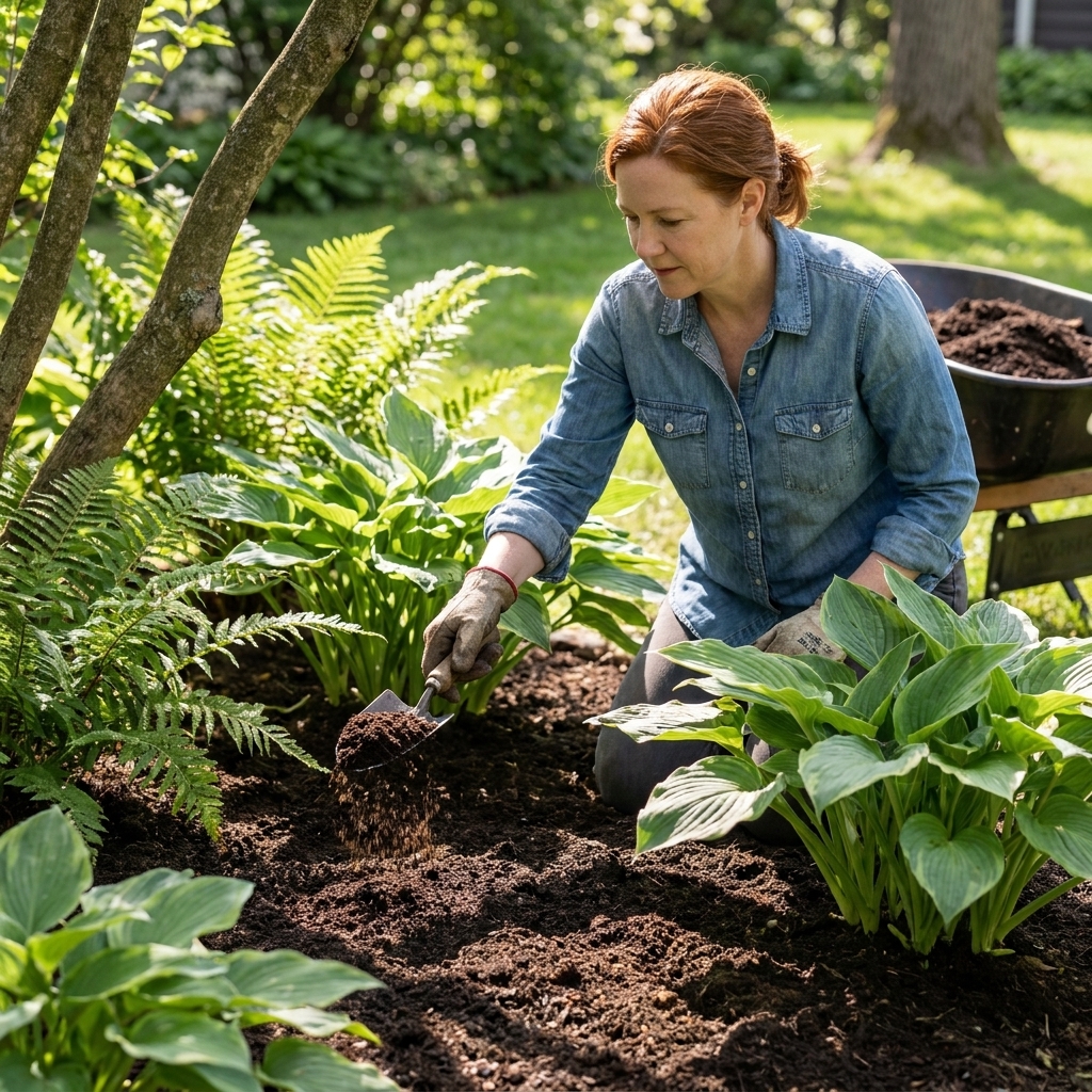 A gardener sprinkling finished compost in a thin, even layer over an established garden bed with leafy plants, with compost spread between stems and kept away from the plant crowns