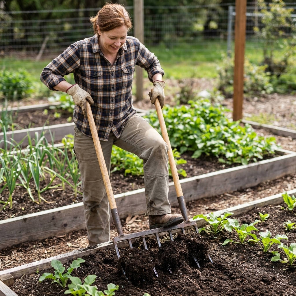 A gardener standing on a broadfork in a vegetable bed, pulling the handles back to loosen compacted soil without turning it over