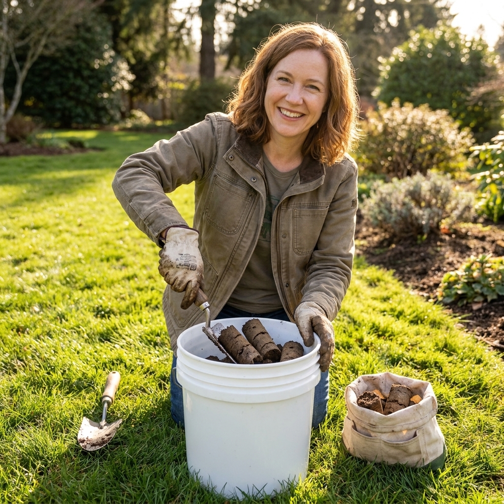 A gardener taking multiple soil cores with a hand trowel and mixing them in a clean bucket on a lawn