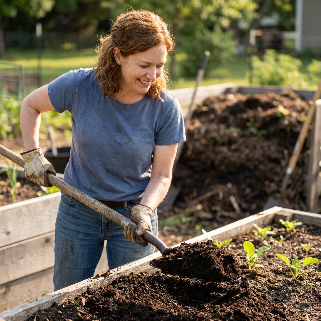 A gardener top-dressing a vegetable bed with a thin layer of finished compost using a shovel, with seedlings growing nearby