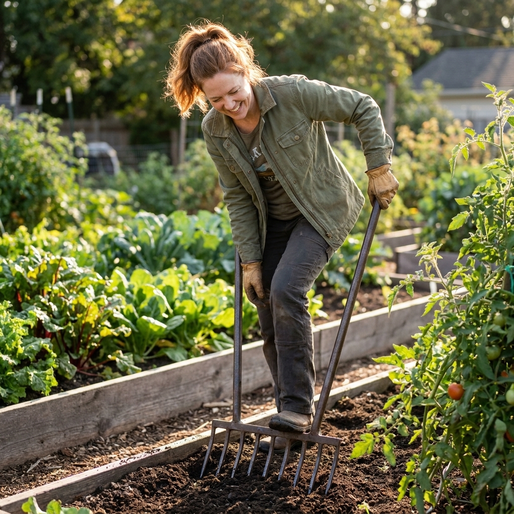 A gardener using a broadfork in a vegetable bed, standing on the tool bar to push tines into the soil and gently lifting to loosen compaction